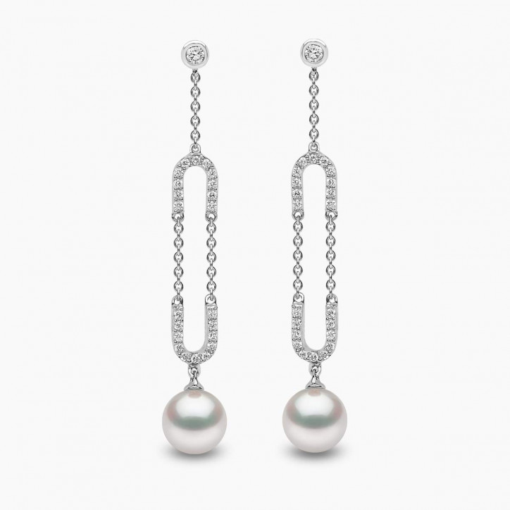 Trend 18K Gold Freshwater Pearl and Diamond Motif Chain Earrings