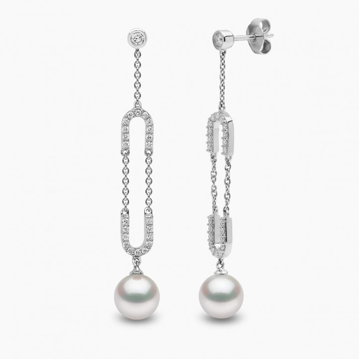 Trend 18K Gold Freshwater Pearl and Diamond Motif Chain Earrings