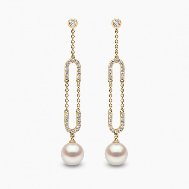 Trend 18K Gold Freshwater Pearl and Diamond Motif Chain Earrings