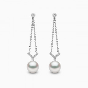 Trend 18K Gold Freshwater Pearl and Diamond V Chain Earrings