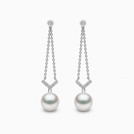 Trend 18K Gold Freshwater Pearl and Diamond V Chain Earrings