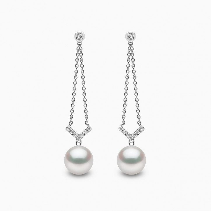 Trend 18K Gold Freshwater Pearl and Diamond V Chain Earrings