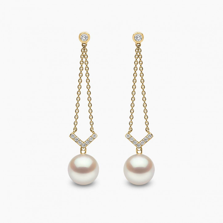 Trend 18K Gold Freshwater Pearl and Diamond V Chain Earrings