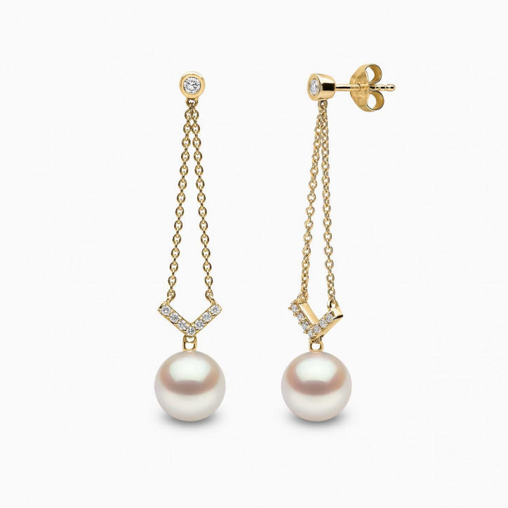 Trend 18K Gold Freshwater Pearl and Diamond V Chain Earrings