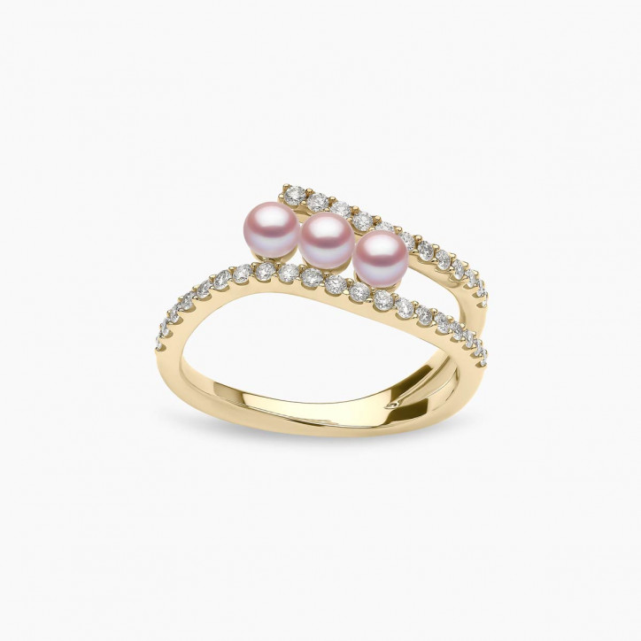 Sleek 18K Gold Triple Pearl and Diamond Ring