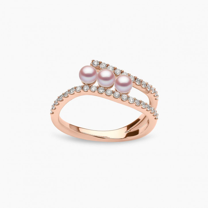 Sleek 18K Gold Triple Pearl and Diamond Ring