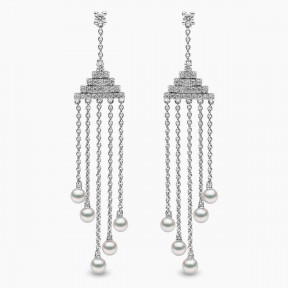 Sleek 18K Gold Pearl and Diamond Geometric Drop Earrings