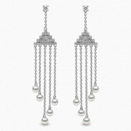 Sleek 18K Gold Pearl and Diamond Geometric Drop Earrings