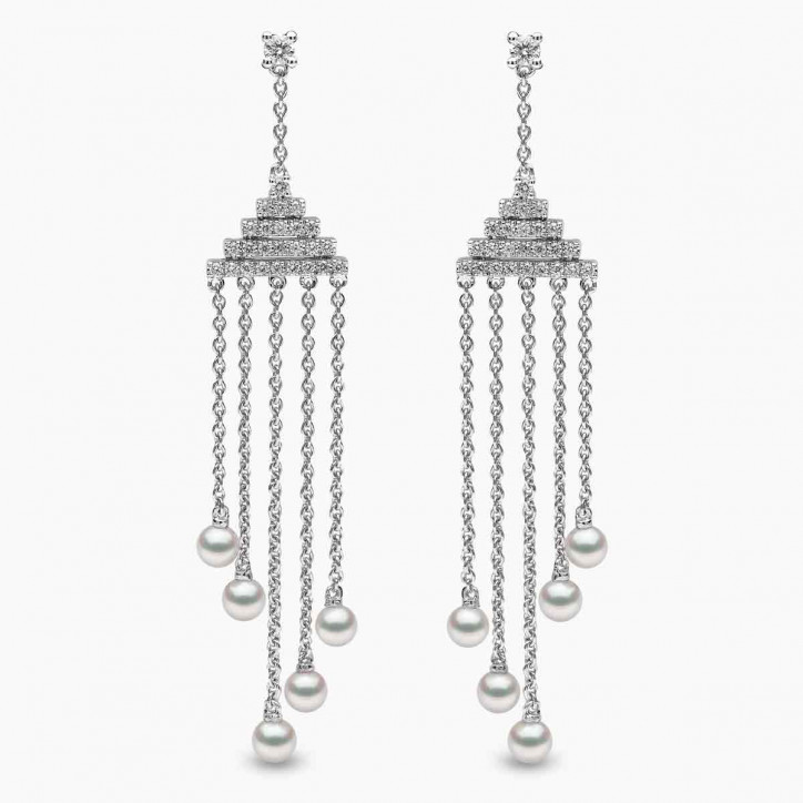 Sleek 18K Gold Pearl and Diamond Geometric Drop Earrings