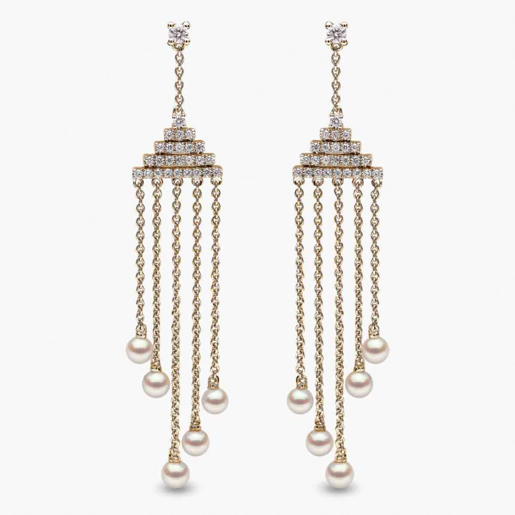 Sleek 18K Gold Pearl and Diamond Geometric Drop Earrings