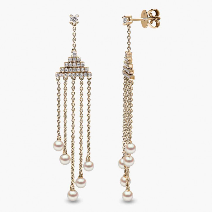 Sleek 18K Gold Pearl and Diamond Geometric Drop Earrings