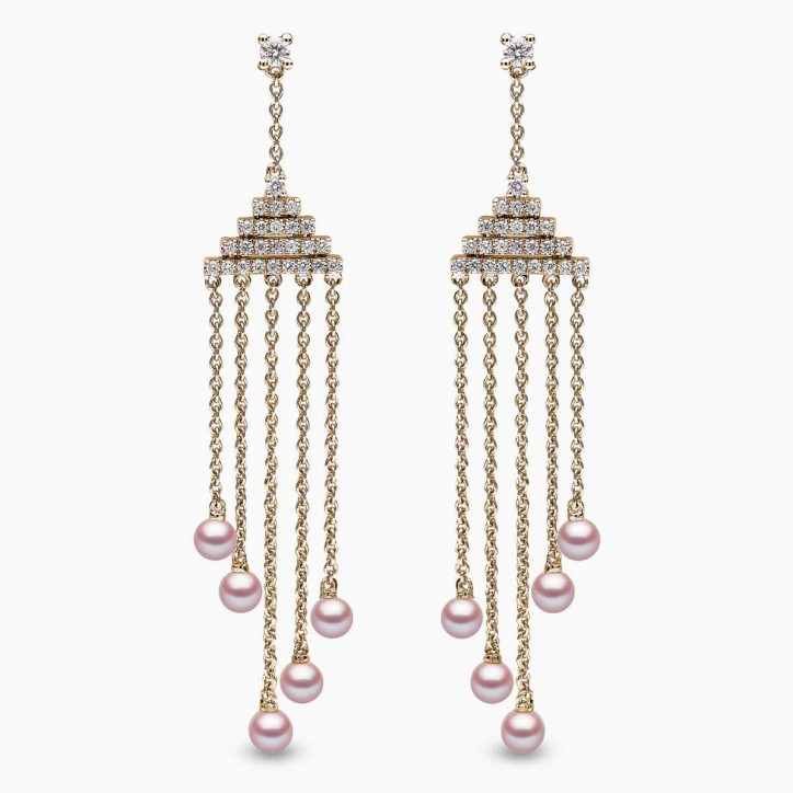 Sleek 18K Gold Pearl and Diamond Geometric Drop Earrings