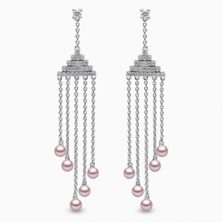 Sleek 18K Gold Pearl and Diamond Geometric Drop Earrings