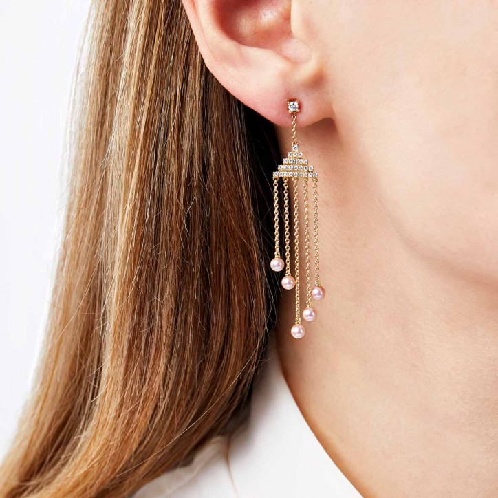 Sleek 18K Gold Pearl and Diamond Geometric Drop Earrings