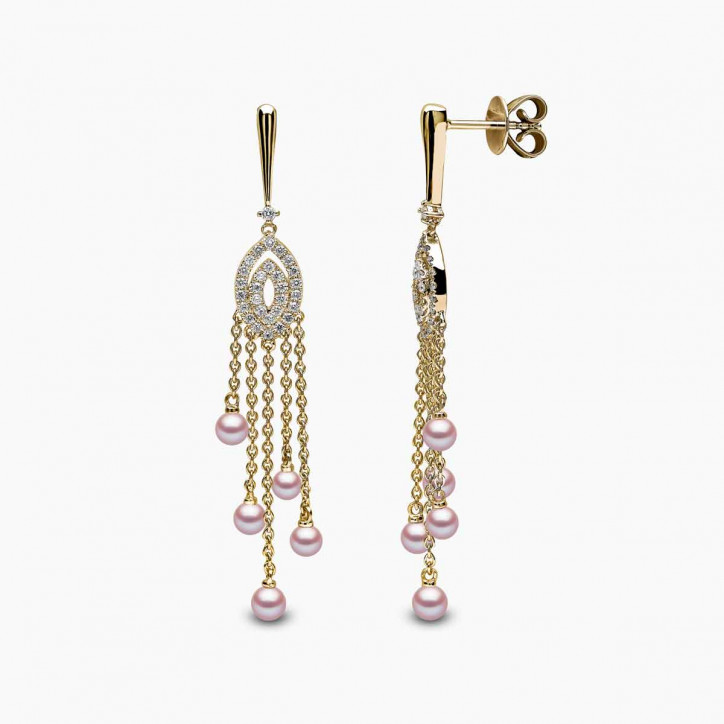 Sleek 18K Gold Pearl and Diamond Chain Drop Earrings