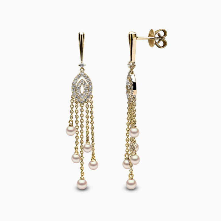 Sleek 18K Gold Pearl and Diamond Chain Drop Earrings