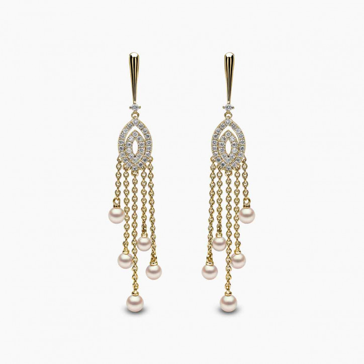 Sleek 18K Gold Pearl and Diamond Chain Drop Earrings