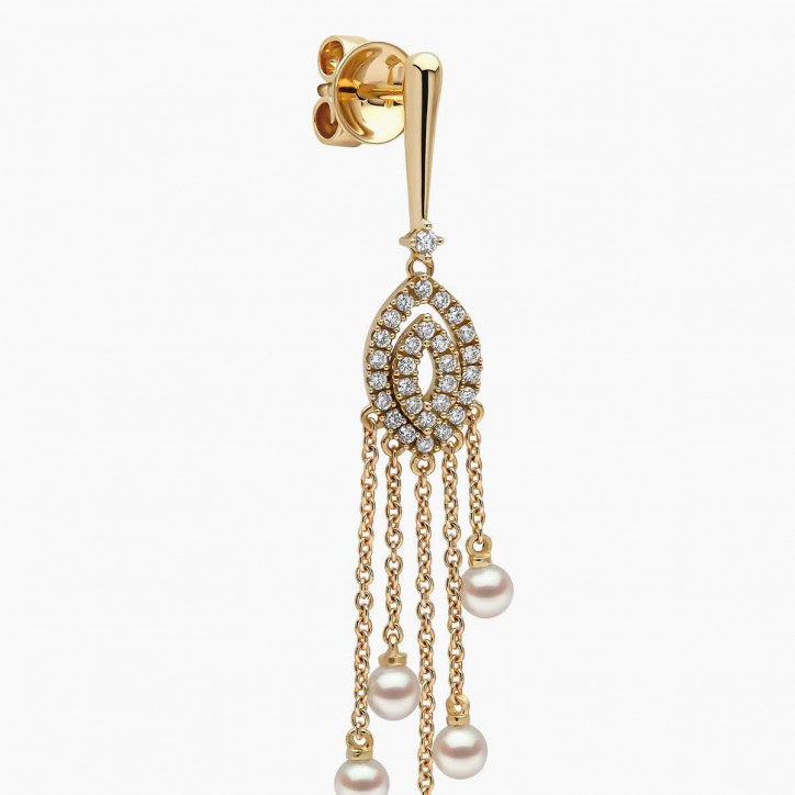 Sleek 18K Gold Pearl and Diamond Chain Drop Earrings