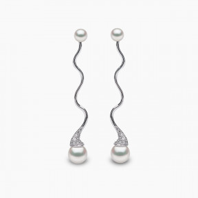 Sleek 18K Gold Double Pearl and Diamond Wave Earrings