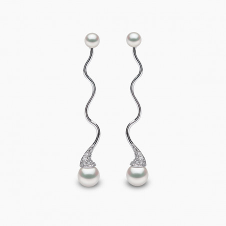 Sleek 18K Gold Double Pearl and Diamond Wave Earrings