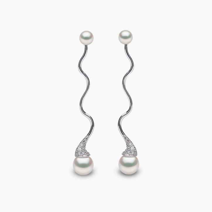 Sleek 18K Gold Double Pearl and Diamond Wave Earrings