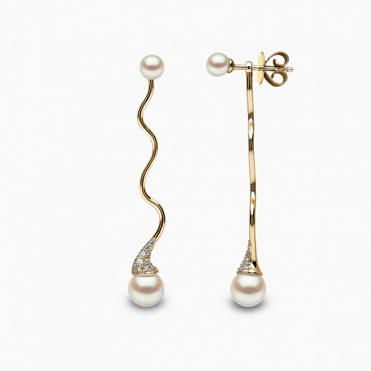 Sleek 18K Gold Double Pearl and Diamond Wave Earrings