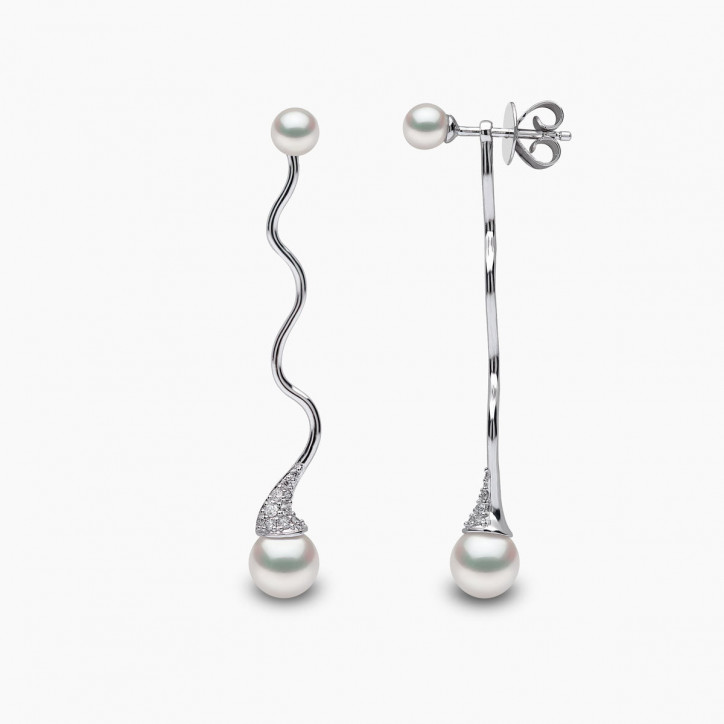 Sleek 18K Gold Double Pearl and Diamond Wave Earrings