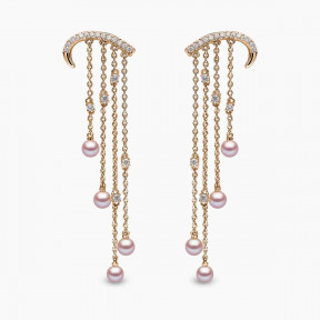 Sleek 18K Gold Pearl and Diamond Arch Chain Drop Earrings