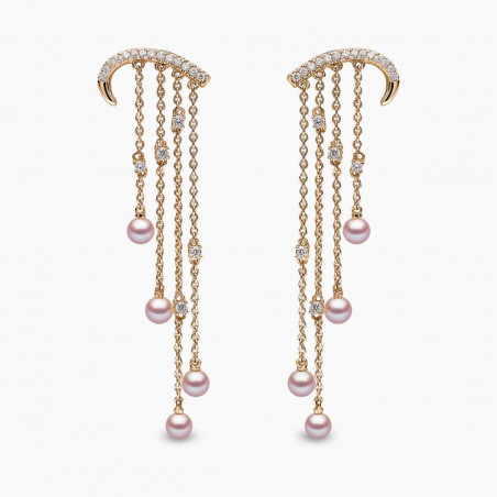 Sleek 18K Gold Pearl and Diamond Arch Chain Drop Earrings