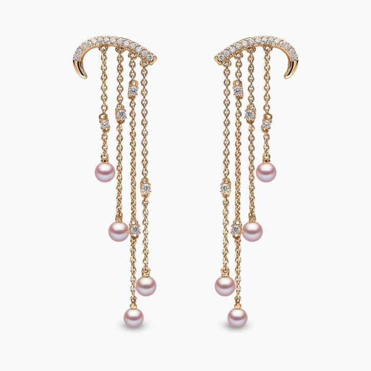 Sleek 18K Gold Pearl and Diamond Arch Chain Drop Earrings