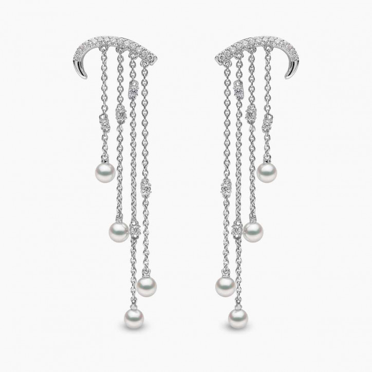 Sleek 18K Gold Pearl and Diamond Arch Chain Drop Earrings