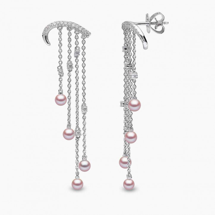 Sleek 18K Gold Pearl and Diamond Arch Chain Drop Earrings