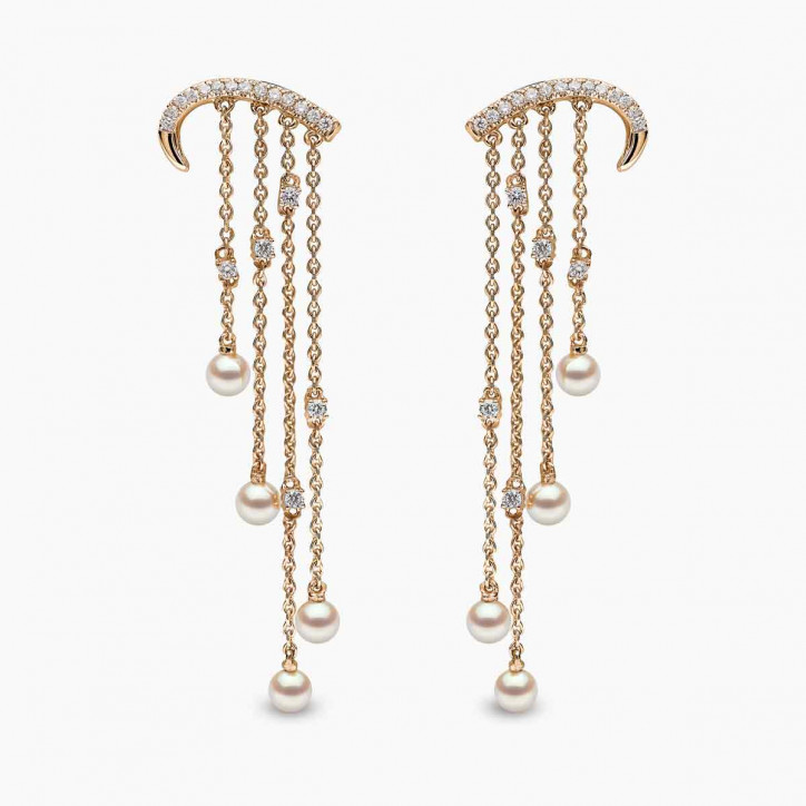 Sleek 18K Gold Pearl and Diamond Arch Chain Drop Earrings