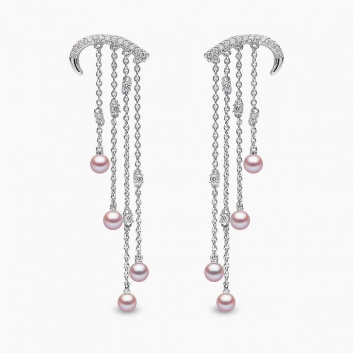 Sleek 18K Gold Pearl and Diamond Arch Chain Drop Earrings