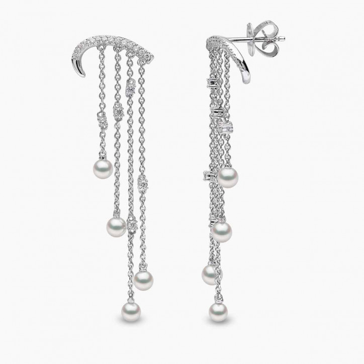 Sleek 18K Gold Pearl and Diamond Arch Chain Drop Earrings