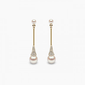 Sleek 18K Gold Double Pearl and Diamond Earrings