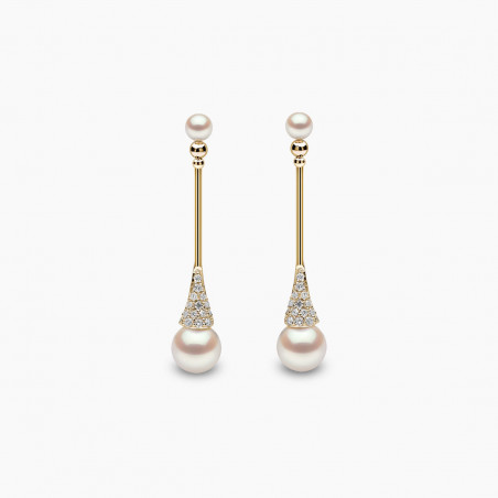 Sleek 18K Gold Double Pearl and Diamond Earrings