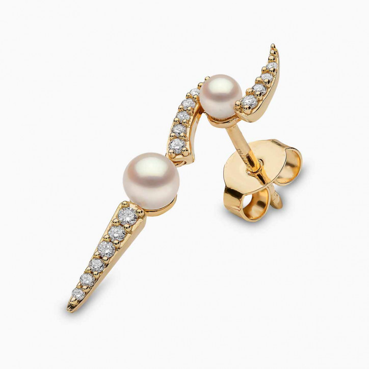 Sleek 18K Gold Pearl and Diamond Lightening Bolt Earrings