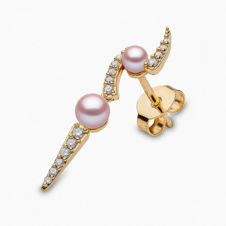 Sleek 18K Gold Pearl and Diamond Lightening Bolt Earrings