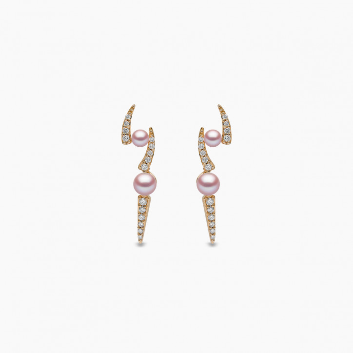 Sleek 18K Gold Pearl and Diamond Lightening Bolt Earrings