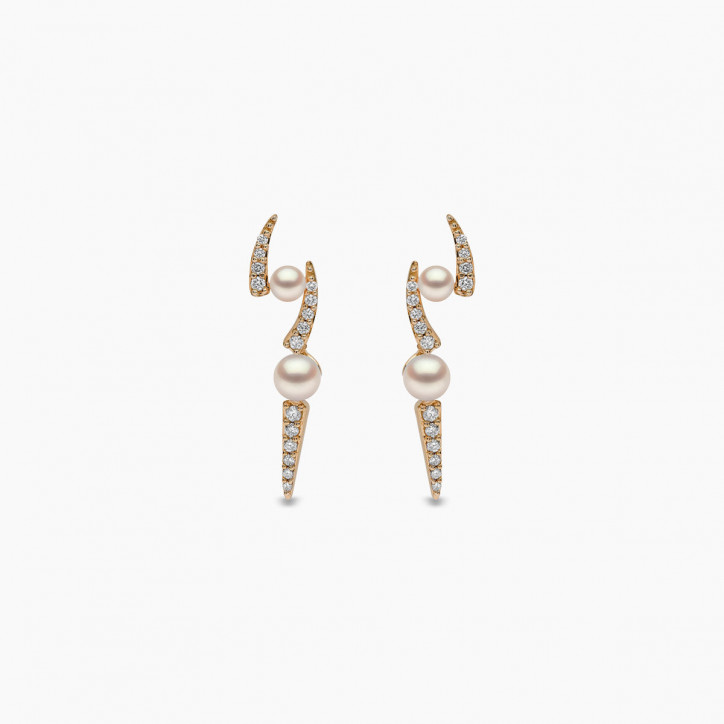 Sleek 18K Gold Pearl and Diamond Lightening Bolt Earrings