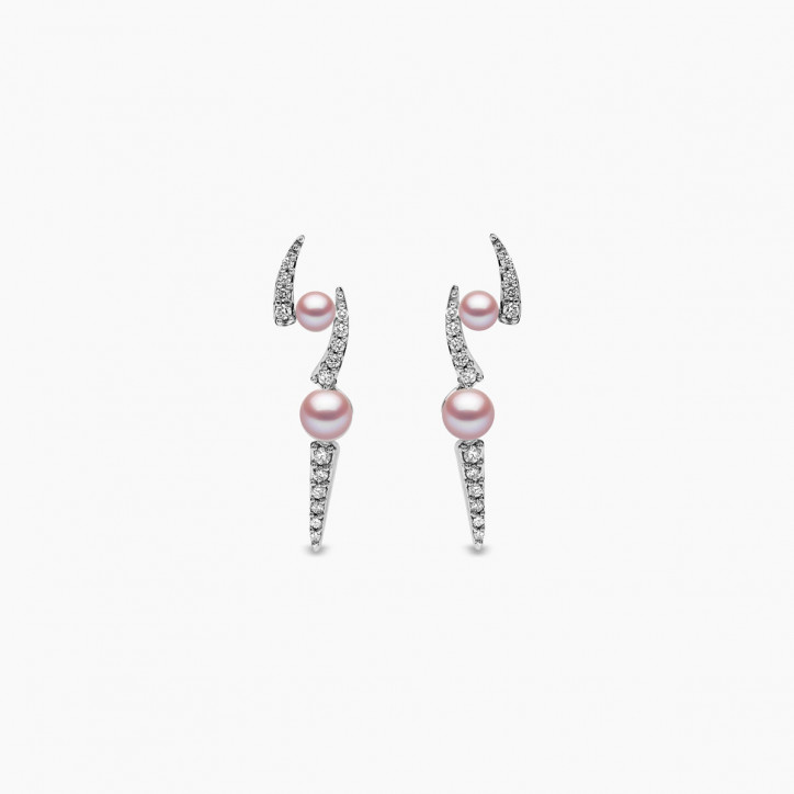 Sleek 18K Gold Pearl and Diamond Lightening Bolt Earrings