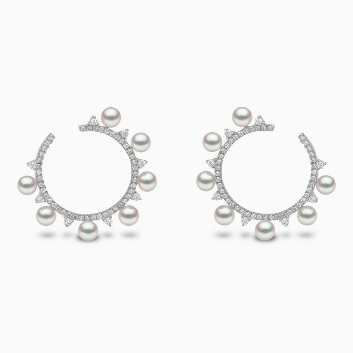 Sleek 18K Gold Pearl and Diamond Circle Earrings