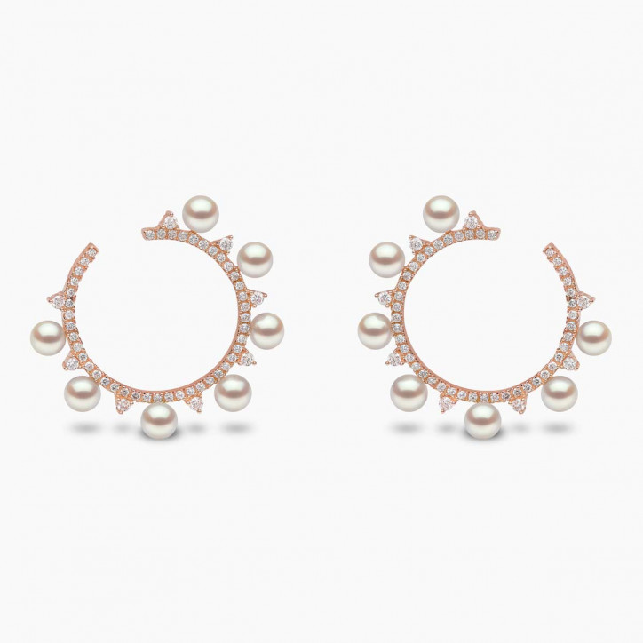 Sleek 18K Gold Pearl and Diamond Circle Earrings