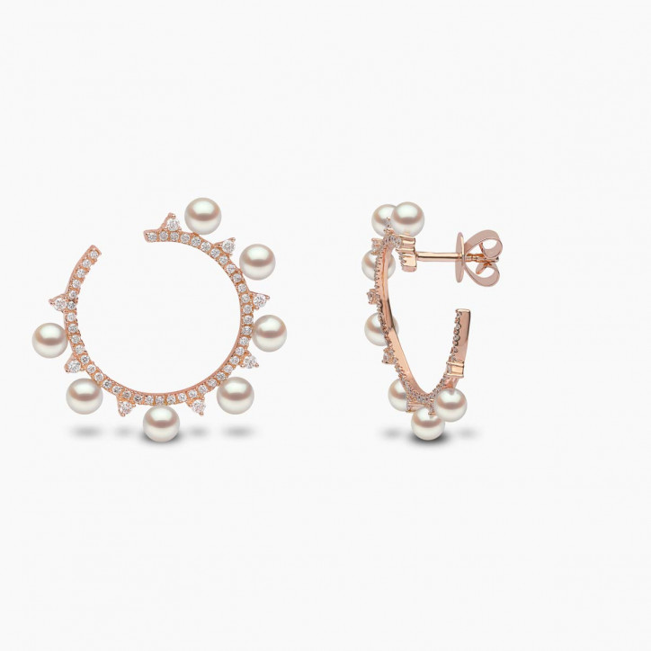 Sleek 18K Gold Pearl and Diamond Circle Earrings