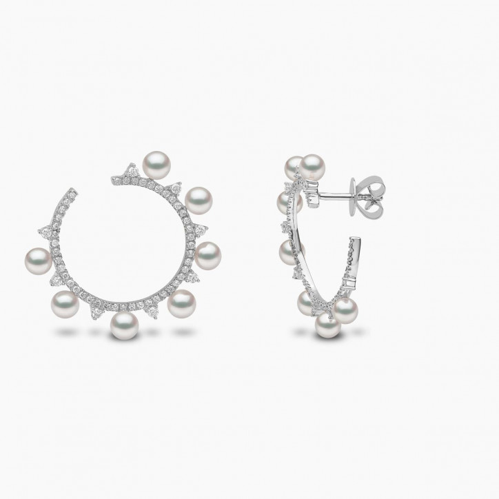 Sleek 18K Gold Pearl and Diamond Circle Earrings