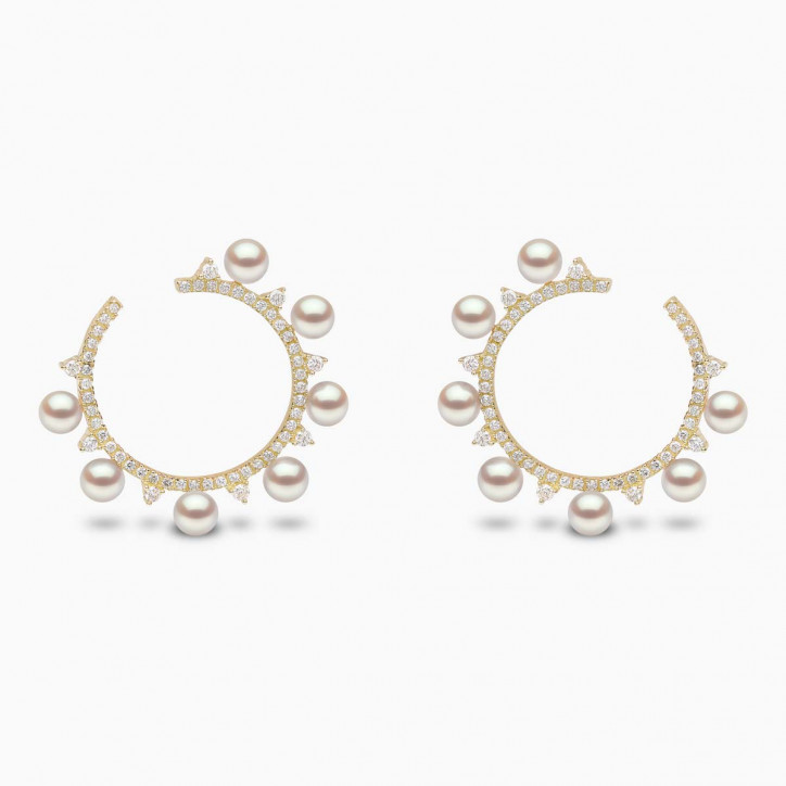 Sleek 18K Gold Pearl and Diamond Circle Earrings