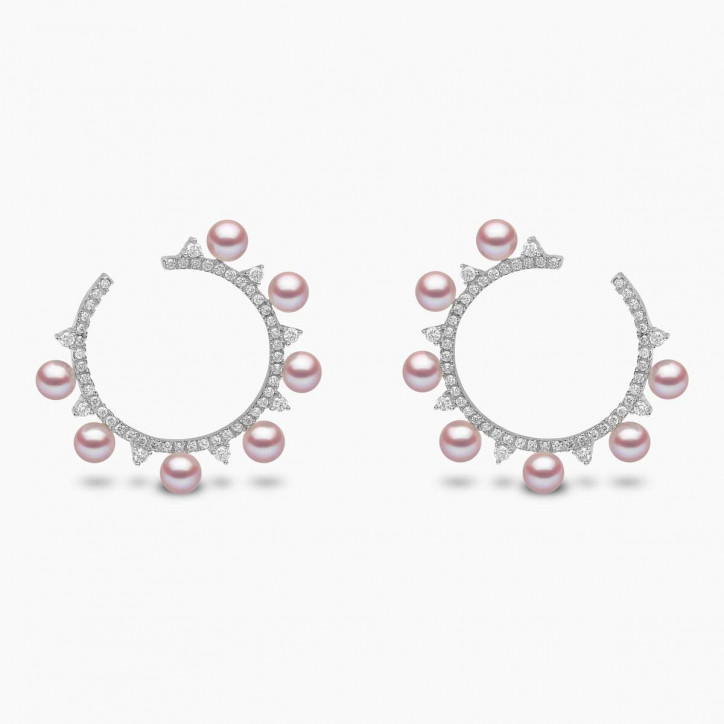 Sleek 18K Gold Pearl and Diamond Circle Earrings