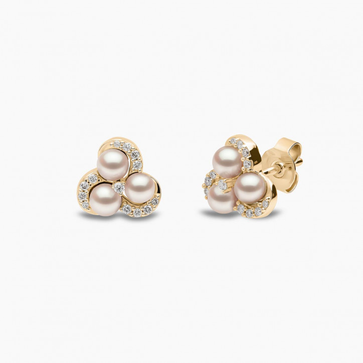 Sleek 18K Gold Pearl and Diamond Twist Stud Earrings