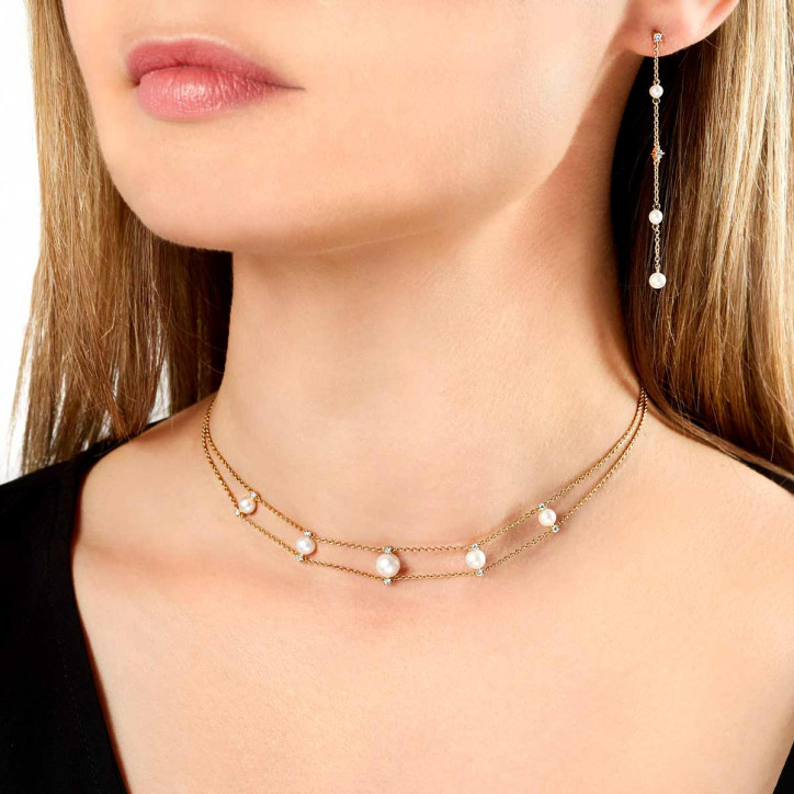 Trend 18K Gold Freshwater Pearl And Diamond Chain Choker Necklace